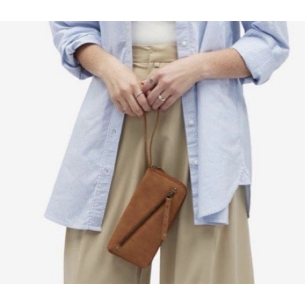 Free People Distressed Cognac Brown Vegan Leather Zip Around Wristlet Wallet XL